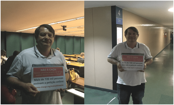 Figura 2 – Paulo Pizzi e o abaixo assinado contra a caça, durante evento contrário aos PLs pró-caça promovido em junho de 2019 na Câmara, pelo deputado federal Fred Costa.