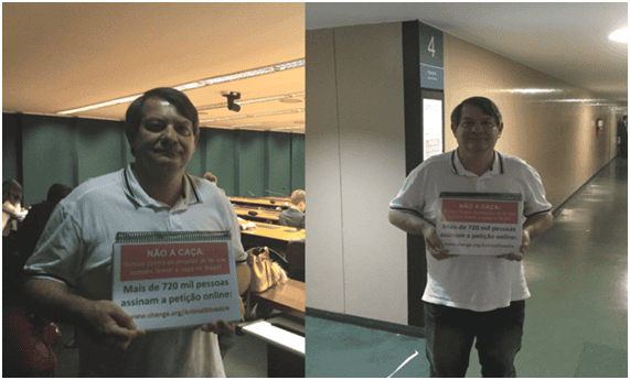 Figura 2 – Paulo Pizzi e o abaixo assinado contra a caça, durante evento contrário aos PLs pró-caça promovido em junho de 2019 na Câmara, pelo deputado federal Fred Costa.