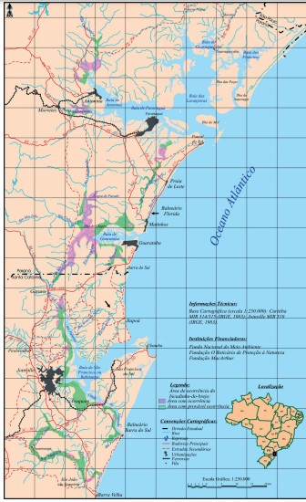 Figura 2. Mapa com as áreas de distribuição das oito populações do bicudinho-do-brejo, levantadas por projetos apoiado pelo FNMA, FGBPN e ABC (1998 a 2000). Publicado na Revista Brasileira de Ornitologia 15(4): 493-519, dezembro de 2007 (link: https://repositorio.unesp.br/handle/11449/70161).